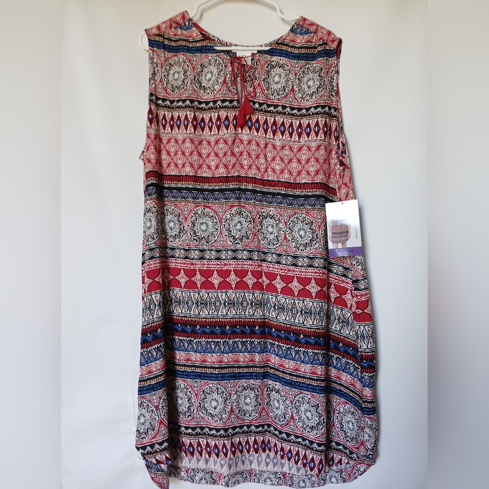 Beach Lunch Lounge Womens Sleeveless Tassel Shift Dress XXL Multi Color Ruby